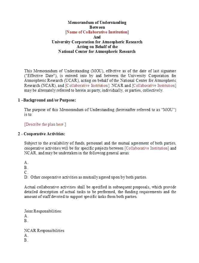 Memorandum of Understanding, to be expanded to hundreds of pages